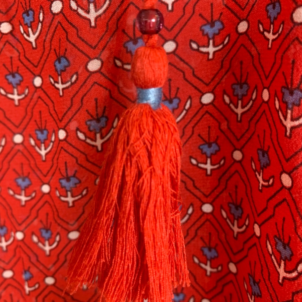 Ulla Johnson Silk Ruffle Top Blouse Womens Size 2 Red Floral Tassel Tie Sheer - Picture 10 of 14